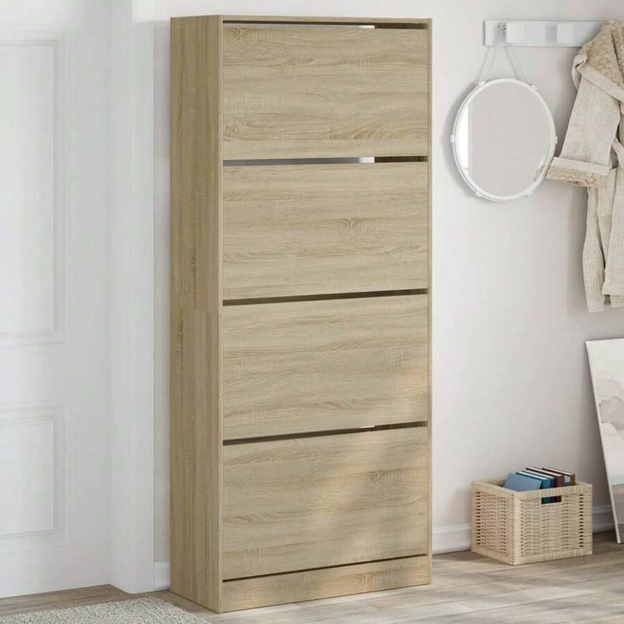 Shoe Storage Cabinet With 4 Openings Sonoma Oak Finish 8875 Cm Stylish Organizer For Entryway Or Bedroom - 棕色 - 查看 1