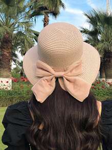 Dames lente/zomer brede rand zonnehoed, Koreaanse stijl veelzijdige zonbescherming strandhoed met strik, casual elegante outdoor strohoed, polyester, effen kleur