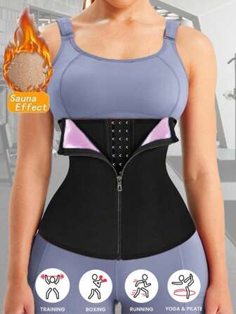 Sweat Waist Trainer For Women Tummy Control, Zipper & 3 Hook-Eyes Pu Coating Shapewear Stomach Wraps Sauna Sweat Suit Fitness Training Workout Belt Sport Corset Gym Accessories