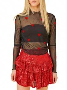 Women's Spring Slim Mesh Tops Long Sleeve Round Neck Heart/Lip/Bow Print  Blouse - Black - View 1