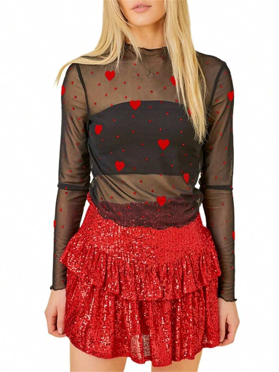 Women's Spring Slim Mesh Tops Long Sleeve Round Neck Heart/Lip/Bow Print Blouse - Black - View 1
