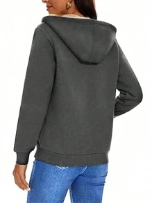 女士抓绒卫衣 拉链休闲加厚冬季开衫毛衣 - 深灰色 - 查看 2