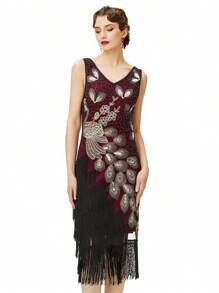 BABEYOND 1920s Vintage Peacock Sequined Dress Gatsby Fringed Flapper Dress Roaring 20s Party Dress - 酒紅色 - 查看 1