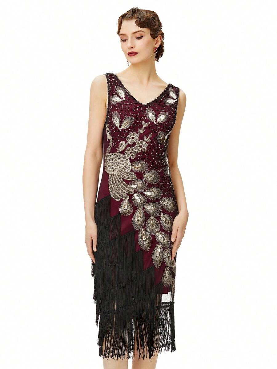BABEYOND 1920s Vintage Peacock Sequined Dress Gatsby Fringed Flapper Dress Roaring 20s Party Dress - 酒紅色 - 查看 1