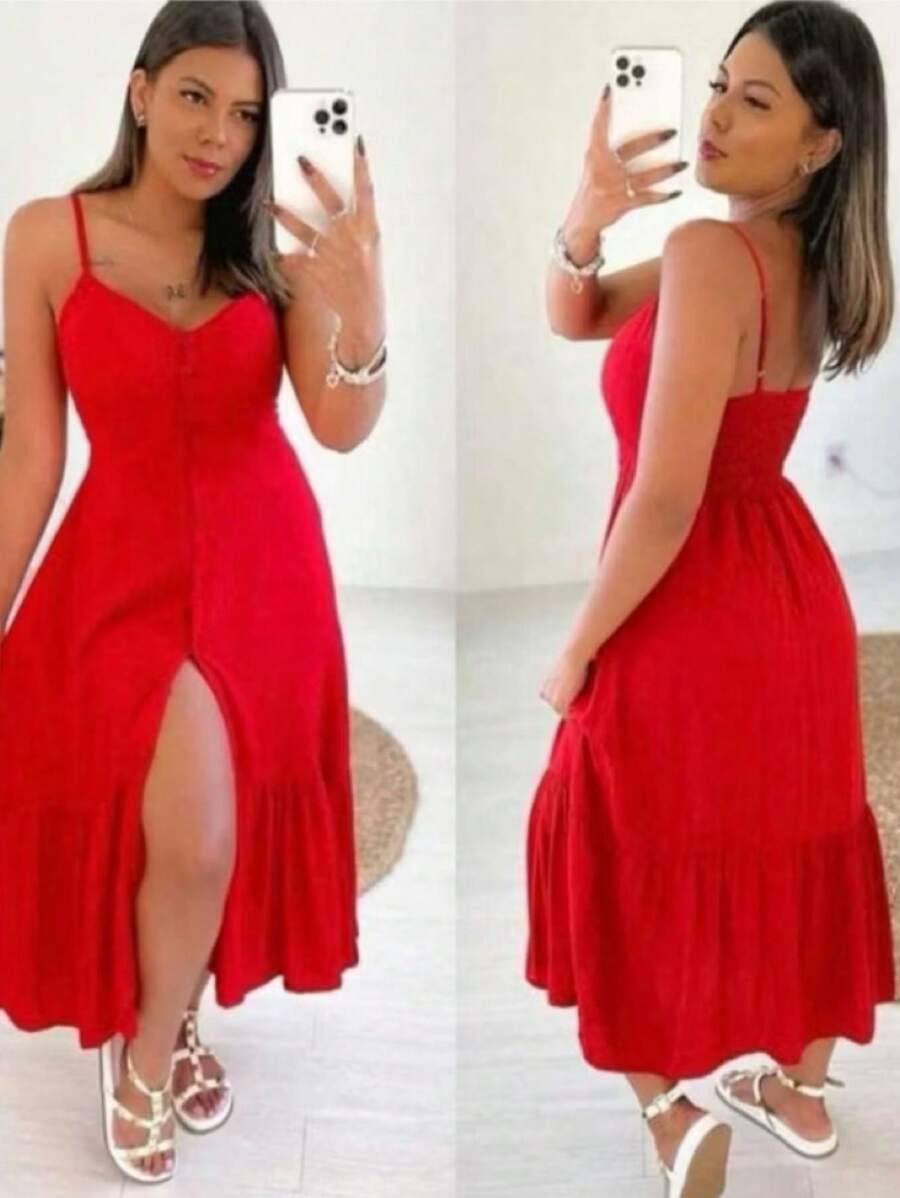 Long Crepe Dress With Padded Cups And Buttons H-1 - Red - View 1