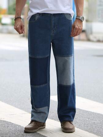 大码男式街头风格拼色洗水牛仔裤