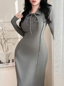 女式简约修身长袖连衣裙，前系带设计，适合春秋季节