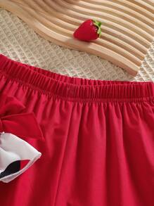 Kleine Mädchen Polka Punkt Muster Schleife Dekor Rüschen Saum Ärmellos Top + Weite Bein Caprihose Set, geeignet für Ausflüge, Partys, Urlaub, Valentinstag im Frühling/Sommer - Rot - Übersicht 6