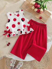 Kleine Mädchen Polka Punkt Muster Schleife Dekor Rüschen Saum Ärmellos Top + Weite Bein Caprihose Set, geeignet für Ausflüge, Partys, Urlaub, Valentinstag im Frühling/Sommer - Rot - Übersicht 2