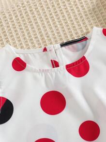Kleine Mädchen Polka Punkt Muster Schleife Dekor Rüschen Saum Ärmellos Top + Weite Bein Caprihose Set, geeignet für Ausflüge, Partys, Urlaub, Valentinstag im Frühling/Sommer - Rot - Übersicht 4