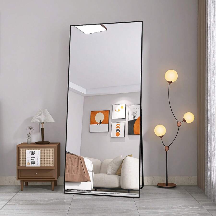 Comanlai Body Mirror Tempered Glass Makeup Mirror Large HD Wall Mirror With Hooks For Living Room Bedroom And Dressing Room Mirror 180x80cm Black Rectangular Frame - 黑色 - 查看 1