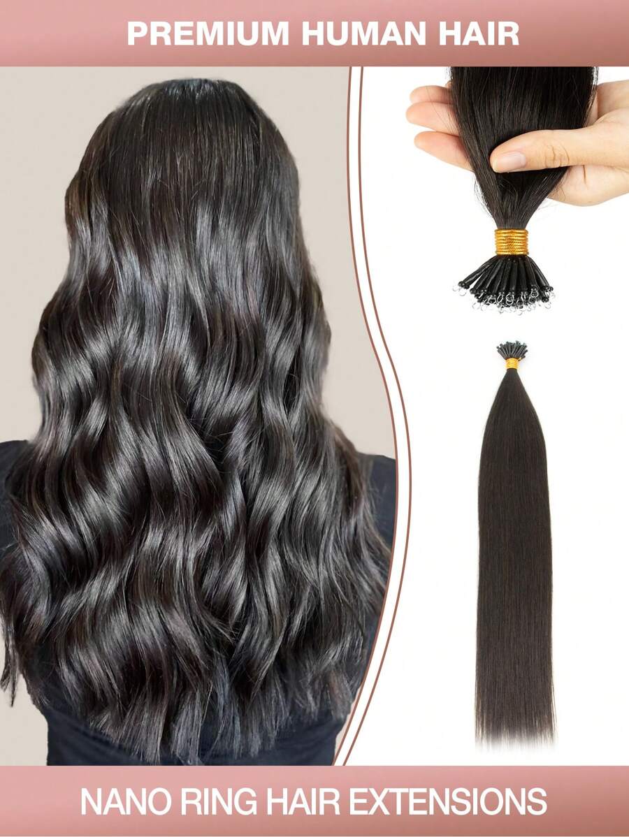 50pcs Nano Ring Remy Human Hair Extensions, 12-22 Inches Straight, Nano Tip Real Human Hair Extensions - S1B - View 1