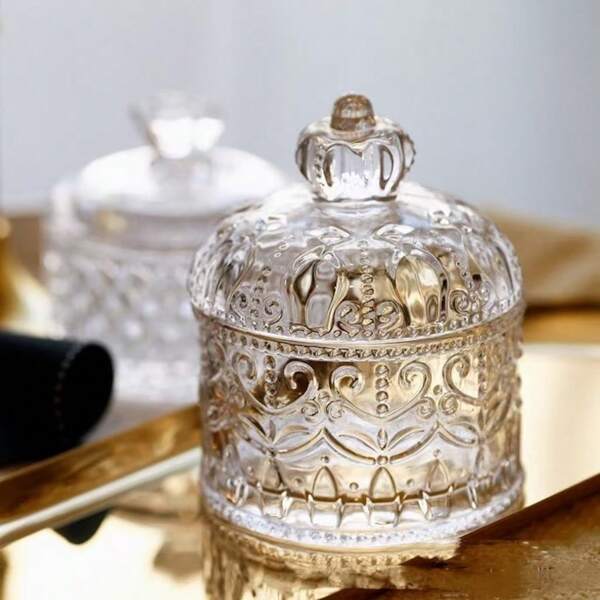 Muroi Mono 1pc Luxury, Vintage, High-End Glass Makeup Display Tray, Crown Shaped Embossed Vintage Crystal Container, Coffee Glass Candy Storage Jar, Airtight Canister,For Holiday Beach, Bathroom Collection, Bedroom Collection, Large Capacity