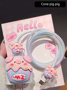 5pcs/Set Strawberry, Ice Cream Pig Charging Protector Covers, Anti-Breakage Design & Silicone Charger Head Protective Case With Storage Cord, Compatible With IPhone 18W/20W Fast Charger, Compatible With IPhone 16/15/14 Etc. Cable Protector, Charger Protector