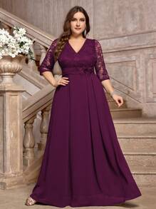 加大 V 领花卉蕾丝撞色雪纺贴花腰部正式派对长裙、秋季连衣裙、优雅舞会婚礼宾客礼服，适合生日、毕业典礼、返校节、晚宴、节日