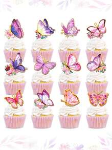 48 件蝴蝶纸杯蛋糕装饰，纸蝴蝶套装紫色彩色蛋糕装饰，彩色蝴蝶纸杯蛋糕装饰，适用于婚礼生日周年纪念花卉主题派对装饰