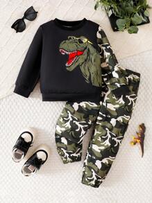 2pcs/Set Boys Camo Dinosaur Print Crew Neck Long Sleeve Sweatshirt And Camo Drawstring Pants Outfit, Fashionable Outdoor Sports Suit For Spring/Autumn - Black - View 6