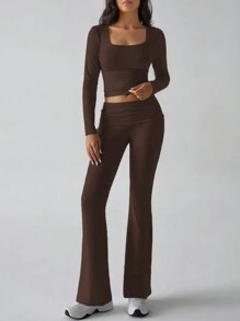 GAOVOT 女士两件套春夏 Y2K 修身性感纯色方领长袖上衣搭配微喇叭裤套装 健身休闲 - 棕色 - 查看 3