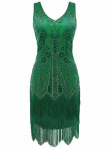 BABEYOND Women's Flapper Dresses 1920s V Neck Beaded Fringed Great Gatsby Dress - 綠色 - 查看 5