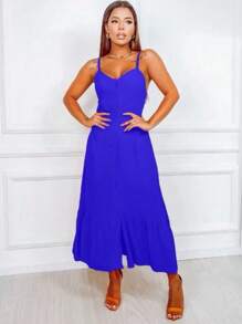 Long Crepe Dress With Padded Cups And Buttons H-1 - 藏蓝色 - 查看 2