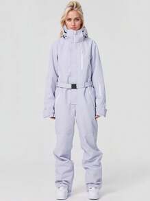 1pc Women's Solid Color Winter Outdoor One-Piece Ski Suit, Ideal Outdoor Ski Jumpsuit, Winter Women's Clothing, Taped Zipper Anti-Loss Design, Ski Suit Set With Zippered Pockets, Winter Sports Ski Suit, Sportswear, Suitable For Outdoor Activities, Winter Skiing Gear, Reinforced Structure, Functional Ski Equipment, Durable Snow Gear,Ski Clothes Women Ski Outfits