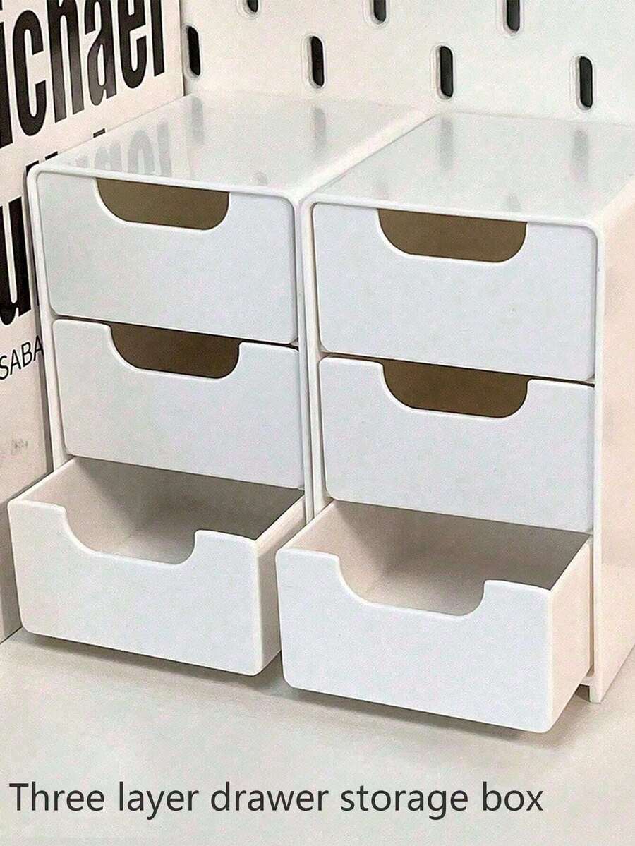 1pc Mini Desktop Storage Box With 3 Compartments, Jewelry Lipstick Drawer Cosmetics Organizer, Simple 3 Layers Drawer Storage Box, Tabletop Storage Box - White - View 1
