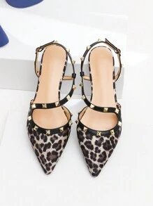 Women Leopard Pattern Flat Sandals With Toe Ring, Stud Decor, Pointed Toe, Buckle Strap - Multicolor - View 7