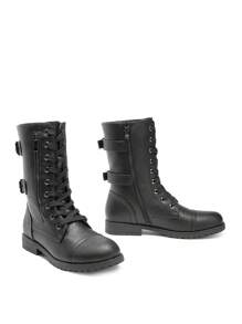 Women's Mid-Calf Combat Boots Round Toe Lace-Up Coin Pocket Outdoor Commuter Black Boots