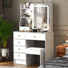 New Dressing Table + LED Sliding Mirror Vanity Table With 6 Drawers Makeup Table - White - View 9