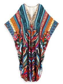 Bata holgada con mangas de murciélago y estampado tropical para mujer, vestido largo modesto con cuello en V y manga larga, estilo bohemio para Eid - Multicolor - Ver 3