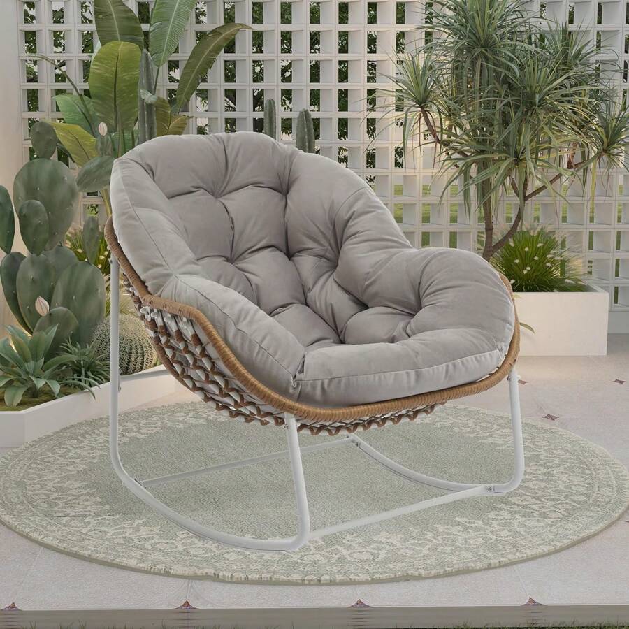 Patio Rocking Chair With Padded Cushion Indoor Outdoor Comfy Papasan Rocker Chair With Upgraded Steel Frame Oversized Rattan Egg-Shaped Lounge Chair For Front Porch, Garden, Bedroom - Màu Xám nhạt - Xem 1