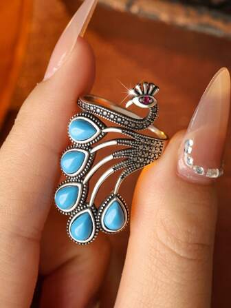 1pc 925 Sterling Silver Vintage Peacock Inlaid Turquoise Ring, Suitable For Party, Daily Wear, Holiday Gift For Partner Or Friend