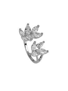 Set de 2 anillos abiertos con forma de hoja con diamantes de circonita cúbica de lujo, adecuados para uso diario y ocasiones de boda de las mujeres - Plateado - Ver 7