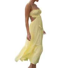 Women Summer Casual Long Dress Y2k Spaghetti Strap Bodycon Low Cut Dress V-Neck Sleeveless Solid Color Tie-Up High Backless Sexy Fashion Party Sling Maxi Dress - 黃色 - 查看 4