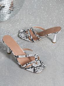 女士新款趾环高跟凉鞋，尖头一脚蹬细高跟拖鞋，优雅、时尚、百搭，有黑色、白色、金色和绿色可供选择 - 白色蛇皮紋 - 查看 12