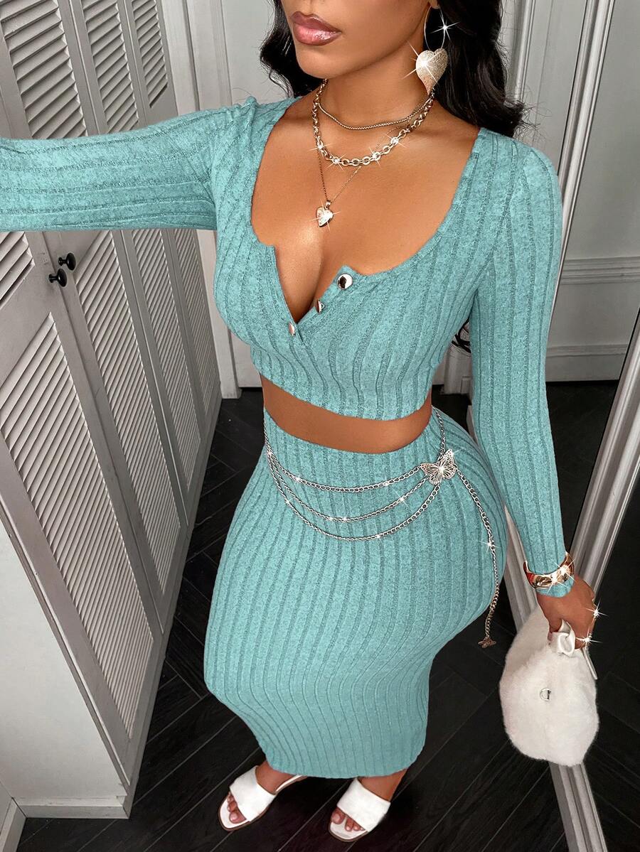 AIJ Conjunto de dos piezas de top de manga larga de punto sólido y falda larga para mujer Amarilo, casual y sencillo para usar en casa y salir - Azul - Ver 1