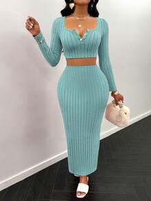 AIJ Conjunto de dos piezas de top de manga larga de punto sólido y falda larga para mujer Amarilo, casual y sencillo para usar en casa y salir - Azul - Ver 6