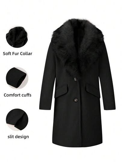 Risissida Women's Wool Blend Coat With Detachable Fur Collar, Mid-Length Casual Jacket, Suitable For Autumn/Winter, Fashionable Design With Pockets