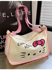 Sanrio 1 Borsa in tela con stampa di Hello Kitty, borsa a tracolla, borsa a tracolla, zaino di grande capacità per studenti di scuola elementare e media, borsa scolastica, portatile, pieghevole, di grande capienza, adatta per ragazze adolescenti, donne, studenti universitari