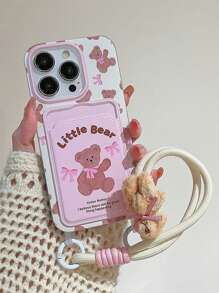 Cute Strawberry Bow Bunny Card Holder Phone Case With Lanyard, Compatible With IPhone 16 Pro Max/IPhone 14, New IPhone 12, 15, 14 Pro, 13 Pro Max, Soft Protective Anti-Fall Phone Cover