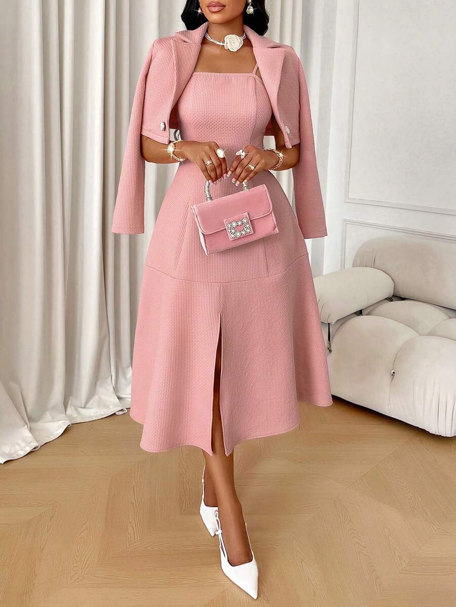 Amarilo Women's Elegant French Style Fashionable Textured Short Coat & A-Line Cami Dress Set Two Pieces - Pink - View 1