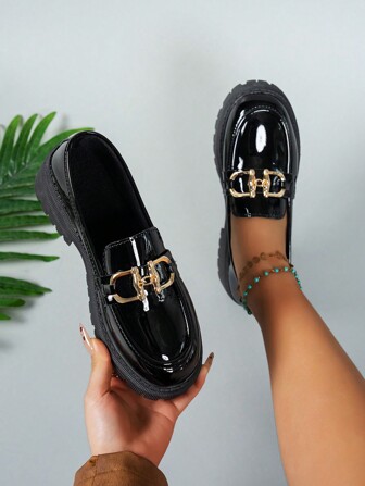 女士多功能方头休闲金属扣装饰低跟拖鞋，镜面材质，复古优雅英伦风，舒适柔软中跟牛津鞋，黑色光泽，2025春夏秋冬