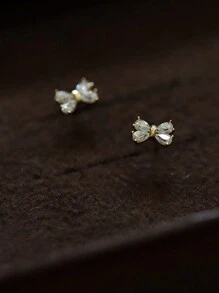 1 Pair S925 Sterling Silver 14k Gold Plated Delicate Cubic Zirconia Bow Stud Earrings For Girl - one-size - View 5