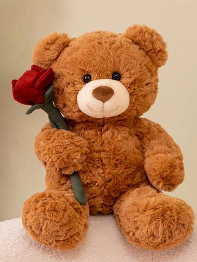 1pc Romantic Rose Flower Valentine's Day Teddy Bear Plush Doll, Home Holiday Decor Doll, Mother's Day Birthday Party Rose Bear Gift, Graduation Doctoral Bear Gift, Halloween Plush Teddy Bear