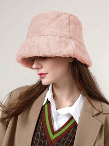 1pc Solid Color Casual Polyester Fleece Warm Decorative Bucket Hat, Autumn/Winter
