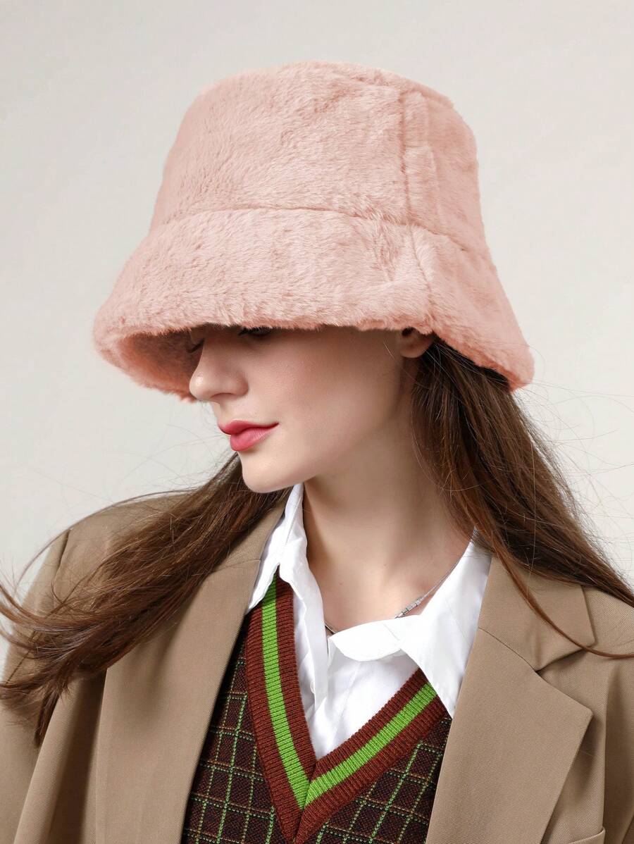 1pc Solid Color Casual Polyester Fleece Warm Decorative Bucket Hat, Autumn/Winter