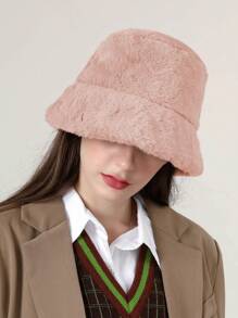 1pc Solid Color Casual Polyester Fleece Warm Decorative Bucket Hat, Autumn/Winter