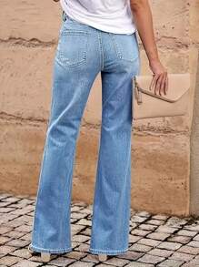 Jeans femininos elegantes vintage, modelo reto com furos e design de vários botões - sem zíper, de temporada, Denim desgastado, moda casual, adequado para várias ocasiões, presentes de Natal, Ano Novo e outras festas - Azul médio