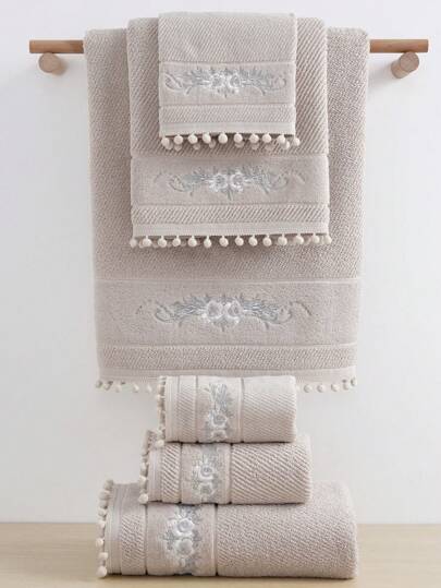 QIBHI 1/2/3pcs Cotton Terry Towel Set, Embroidered Decorative Towels, Elegant Home Decor, Lace Trim Bath Towel/Face Towel, Absorbent Soft Couple Bathroom Towels, Romantic Fashion Bathroom Towels, Suitable For Bathroom, Hotel, Gym, Travel, Gift, Salon, Sports, Outdoor, Beach, School, Back To School, Travel Accessories, Home Essentials, Towels, Skin Care