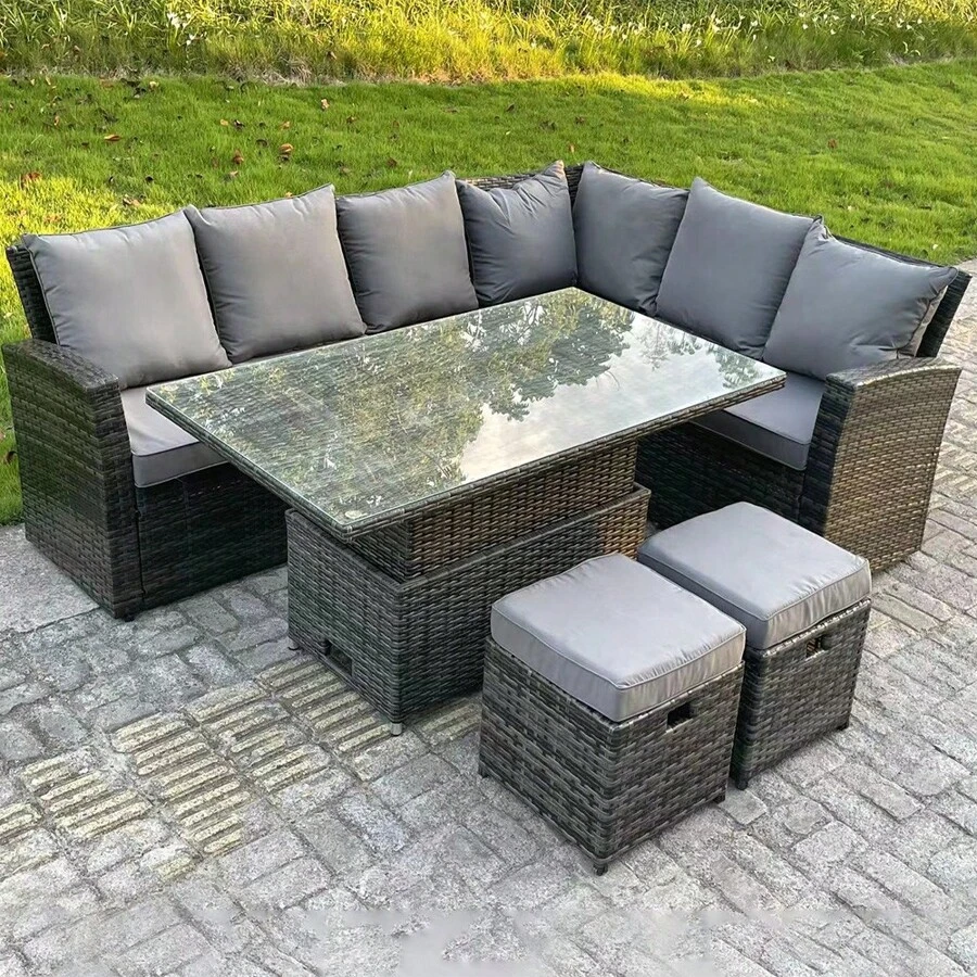 Fimous High Back Rattan Garden Furniture Corner Sofa Sets Adjustable Rising Table Dark Mixed Grey 8 Seater Right Corner - Dark Grey - View 1